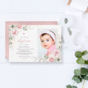 Baptism Girls Photo Pink Watercolor Invitation