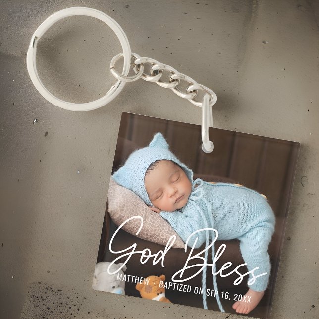 Baptism God Bless Simple Elegant Modern Baby Photo Key Ring (Creator Uploaded)