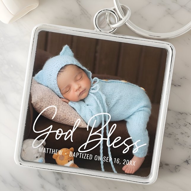 Baptism God Bless Simple Elegant Modern Baby Photo Key Ring (Creator Uploaded)