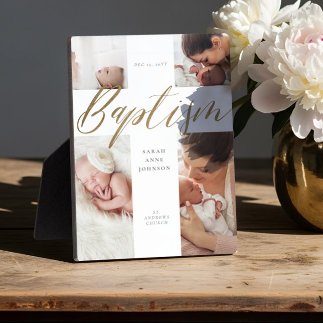 Baptism Gold Calligraphy Photo Collage Keepsake Plaque (Gold Calligraphy Photo Collage Baby Baptism Cross Plaque)