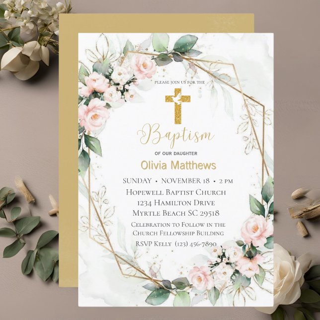  Baptism Gold Cross Pink Floral Girls Invitation (Creator Uploaded)
