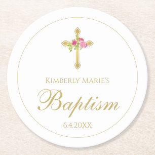 Baptism Gold Cross Pink Roses Floral Monogrammed Round Paper Coaster