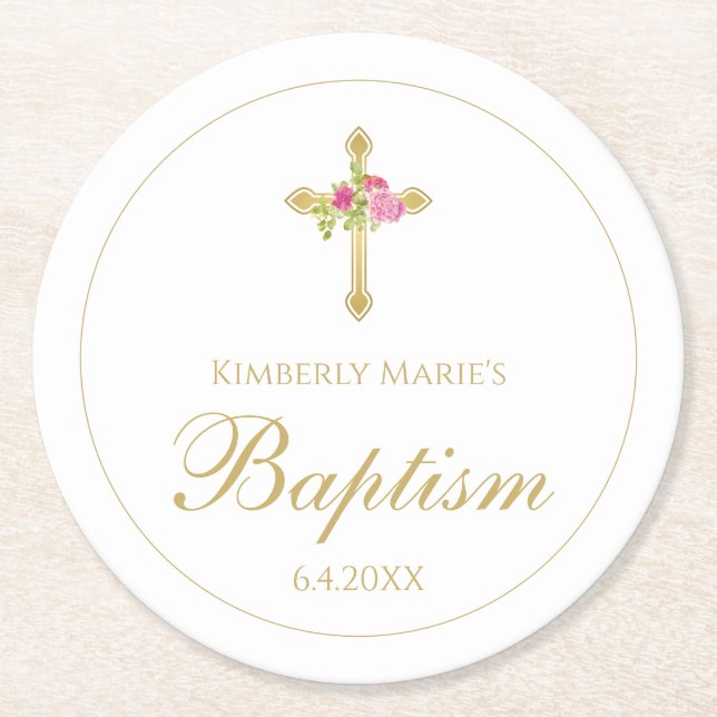 Baptism Gold Cross Pink Roses Floral Monogrammed Round Paper Coaster (Front)