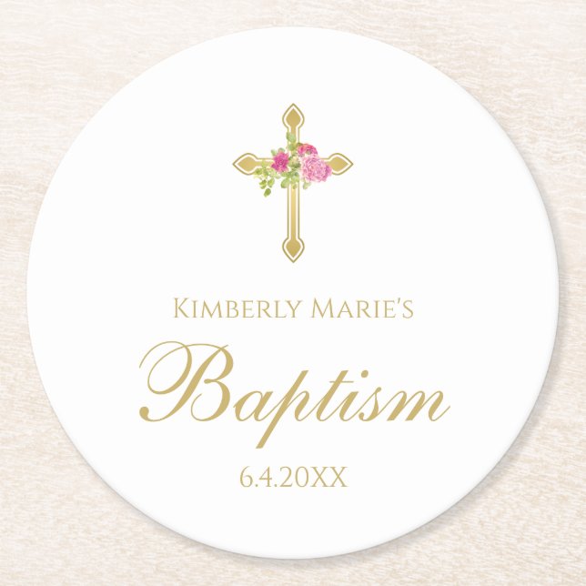 Baptism Gold Cross Pink Roses Floral Monogrammed Round Paper Coaster (Front)