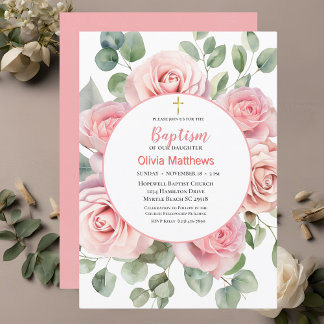  Baptism Gold Cross Pink Roses Girls Invitation