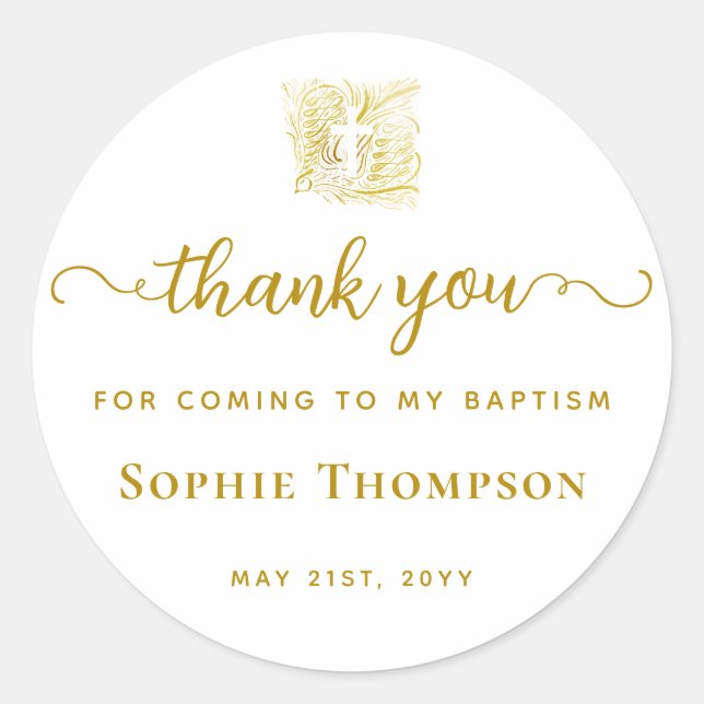 Baptism Gold Dove White Cross Elegant Thank You Classic Round Sticker (Front)