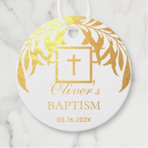Baptism Gold Leaves Gender Neutral Script Foliage Favour Tags