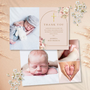 Baptism Gold Pampas Grass Photo Collage Thank You Card