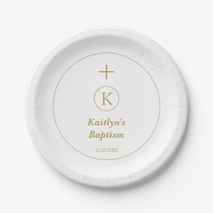 Baptism Gold White Monogram Initials Elegant Cute Paper Plate