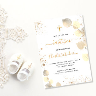 Baptism golden eucalyptus foliage cross invitation