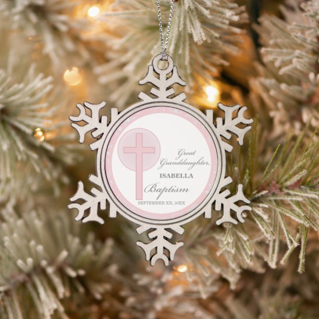 Baptism Great Granddaughter Pink Lace Personalised Snowflake Pewter Christmas Ornament (Tree)