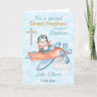 Baptism Great Nephew Penguin Aeroplane Card