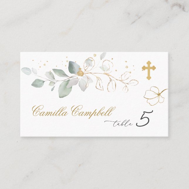 Baptism Green Gold Foliage Place card (Front)