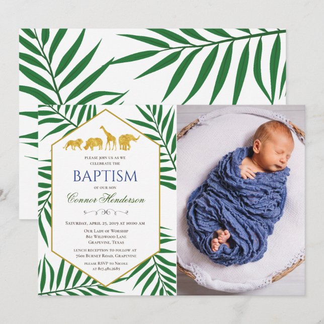 Baptism Green Leaf Jungle Safari Photo Invitation (Front/Back)