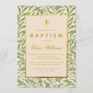 Baptism Green Leaves Faux Gold Cross Morris Willow Invitation