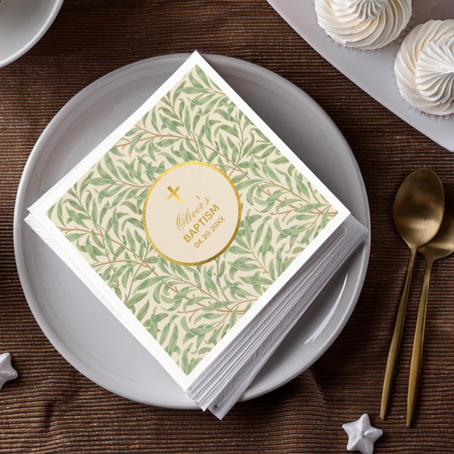 Baptism Green Leaves Faux Gold Willow Bough Morris Napkin (Creator Uploaded)