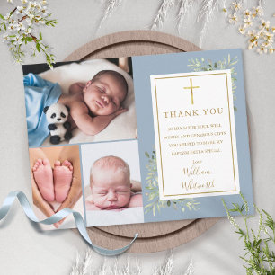 Baptism Greenery 3 Photo Dusty Blue Thank You Postcard