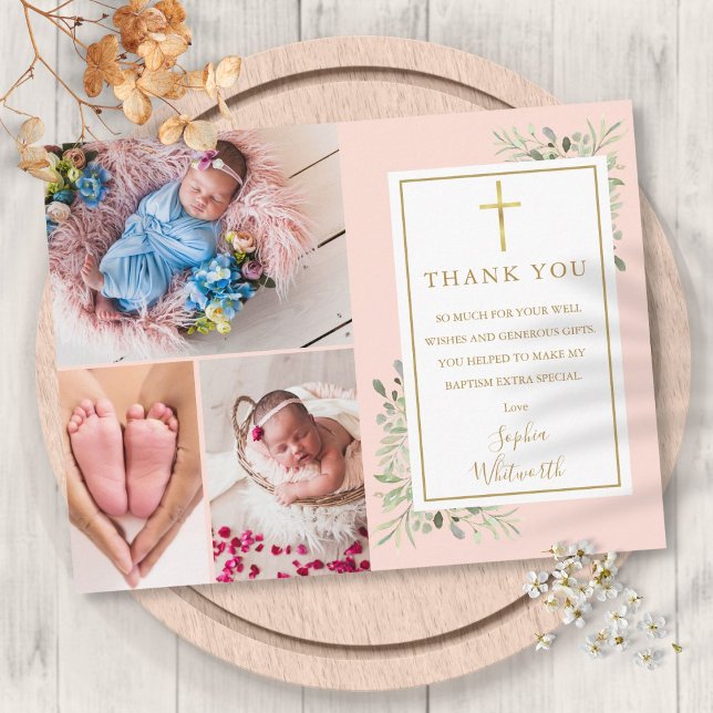 Baptism Greenery Blush Pink 3 Photo Thank You Postcard (Baptism Greenery Blush Pink 3 Photo Thank You Postcard)