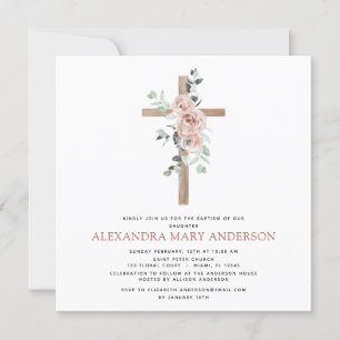 Baptism Greenery Dusty Pink Rose Cross Christian Invitation