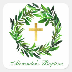 Baptism Greenery  Faux Gold Cross Foliage Wreath Square Sticker
