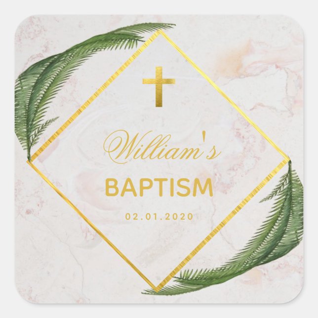 Baptism Greenery Faux Gold Foil Fern Leaves Marble Square Sticker (Front)