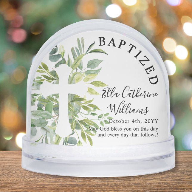 Baptism Greenery Floral Botanical Cross Custom Snowglobe (Creator Uploaded)