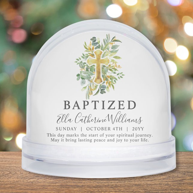 Baptism Greenery Floral Gold Cross Custom  Snowglobe (Creator Uploaded)