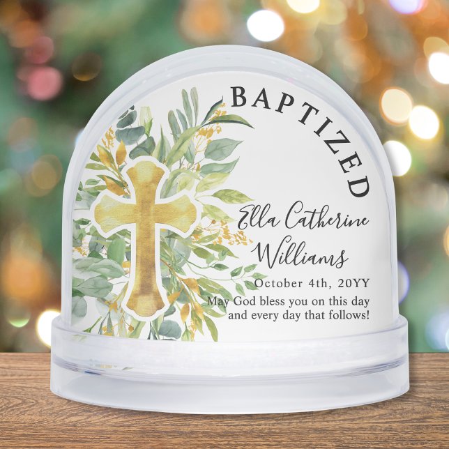 Baptism Greenery Floral Gold Cross Custom Snowglobe (Creator Uploaded)