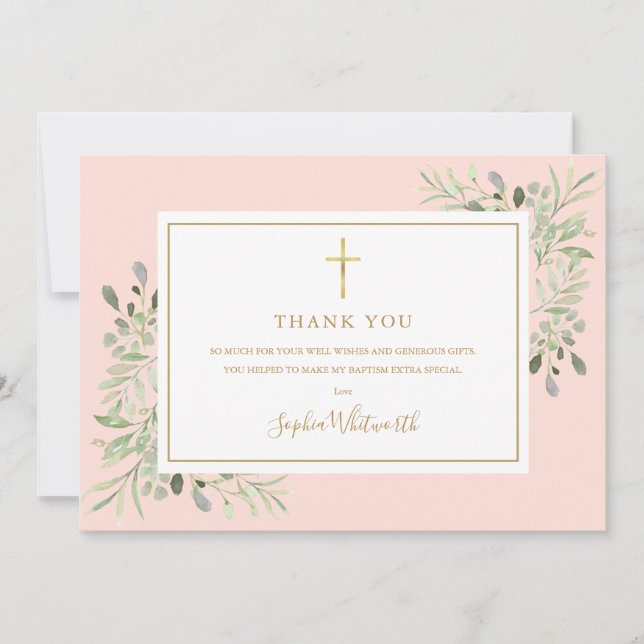 Baptism Greenery Gold And Blush Pink Photo Thank You Card (Front)