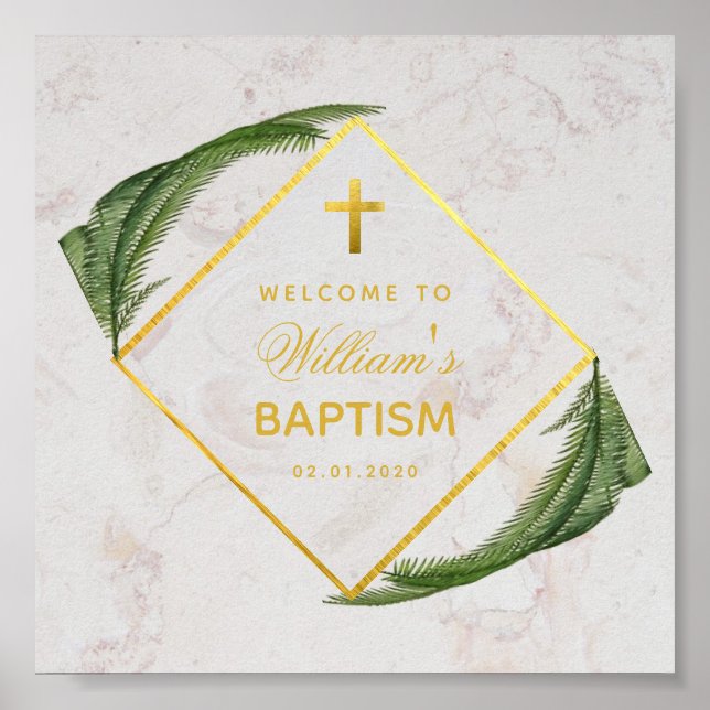Baptism Greenery Marble Faux Gold Fern Welcome Poster (Front)