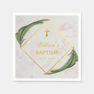 Baptism Greenery Marble Faux Gold Foil Fern Leaves Napkin
