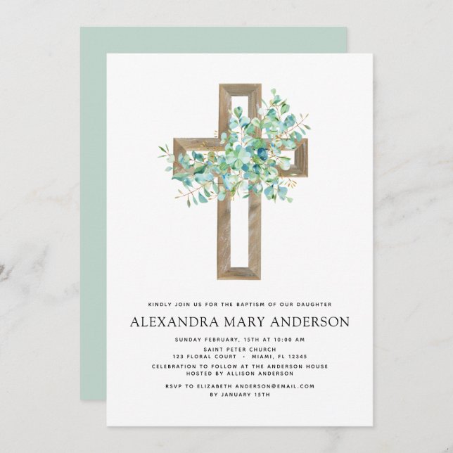 Baptism Greenery Sage Eucalyptus Gold Cross Invitation (Front/Back)