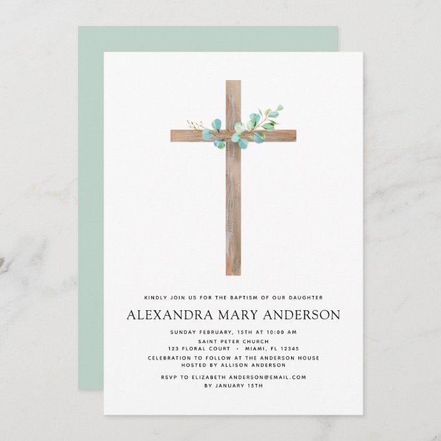 Baptism Greenery Sage Eucalyptus Invitation (Front/Back)