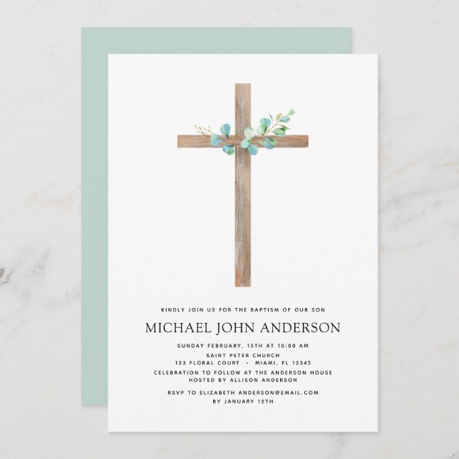 Baptism Greenery Sage Eucalyptus Invitation (Front/Back)