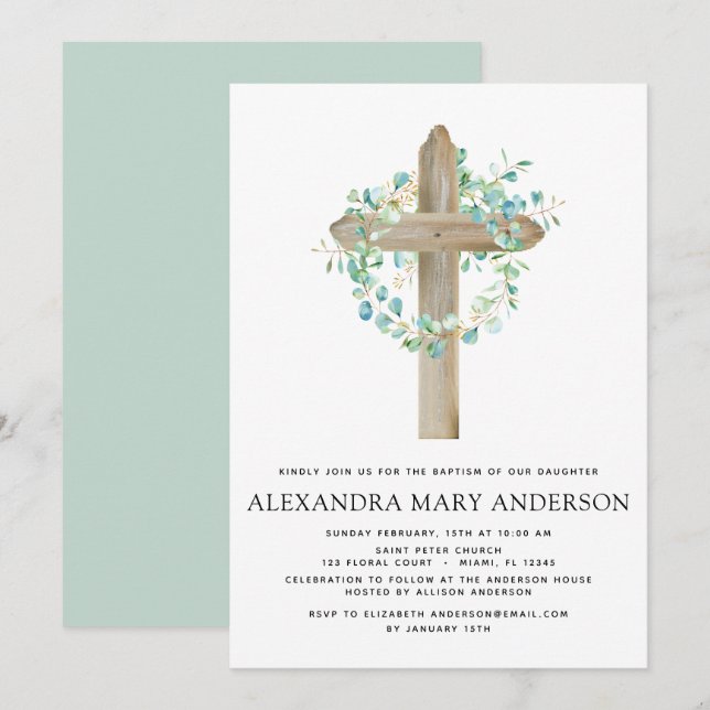 Baptism Greenery Sage Eucalyptus Wooden Cross Invitation (Front/Back)