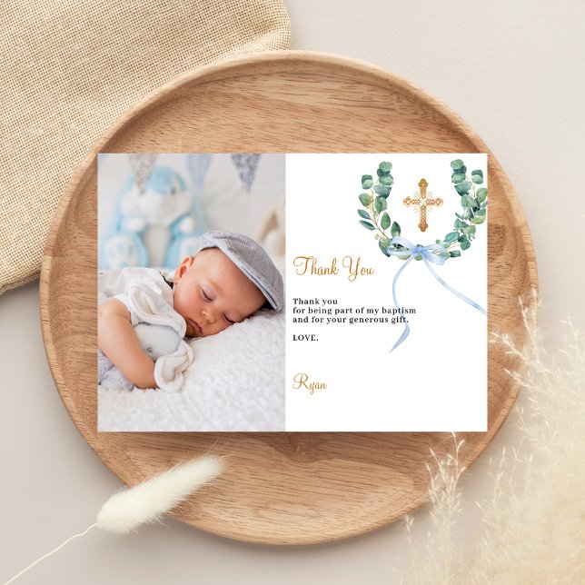 Baptism greenery wreath blue photo thank you card (Creator Uploaded)