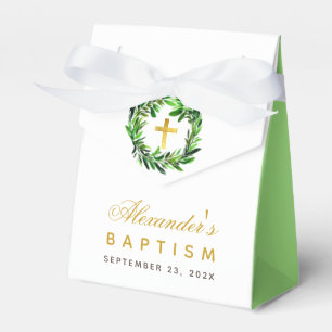 Baptism Greenery Wreath Gold Cross Gender Neutral Favour Box