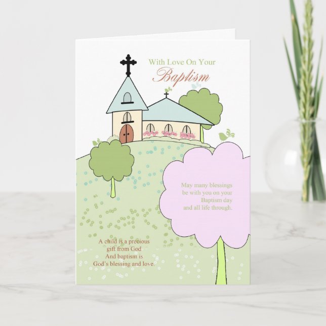 baptism greeting card with little church scene (Front)