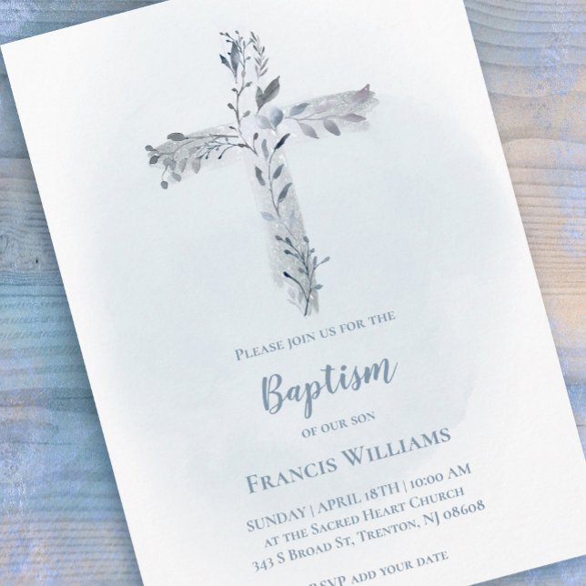 Baptism  grey blue watercolor foliage cross  invitation (Creator Uploaded)