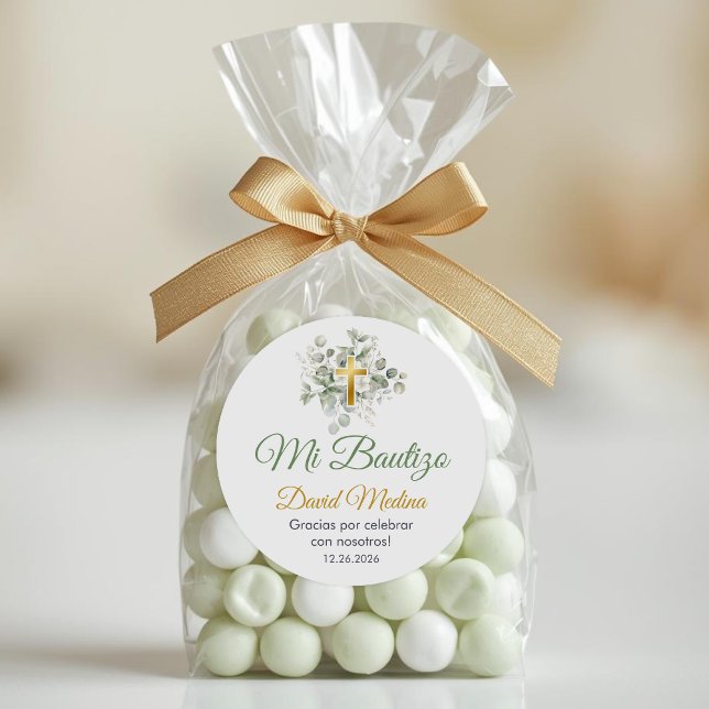 Baptism in Spanish Bautismo Cute Green Leaves Classic Round Sticker (Creator Uploaded)