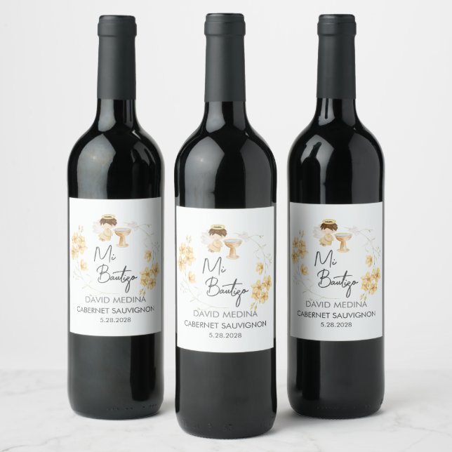 Baptism In Spanish Customisable Watercolor Angel  Wine Label (Bottles)