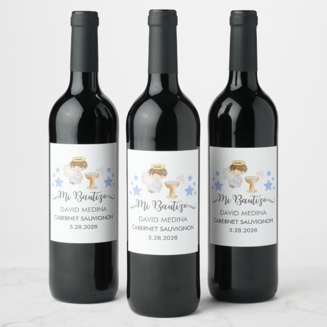 Baptism In Spanish Customisable Watercolor Angel  Wine Label (Bottles)