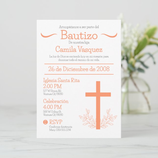 Baptism in Spanish Cute Bautizo Cross and Leaves I Invitation (Standing Front)