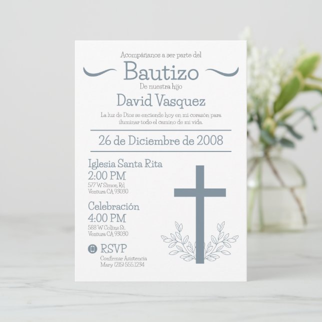 Baptism in Spanish Cute Bautizo Cross and Leaves I Invitation (Standing Front)