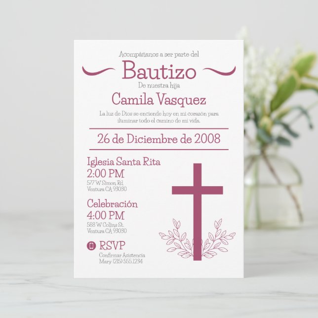 Baptism in Spanish Cute Bautizo Cross and Leaves Invitation (Standing Front)