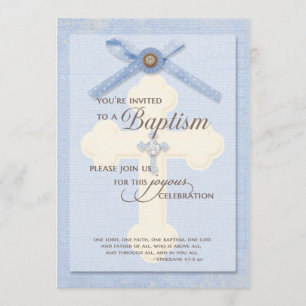 Baptism Invitation - Blue w/ cross & ribbo