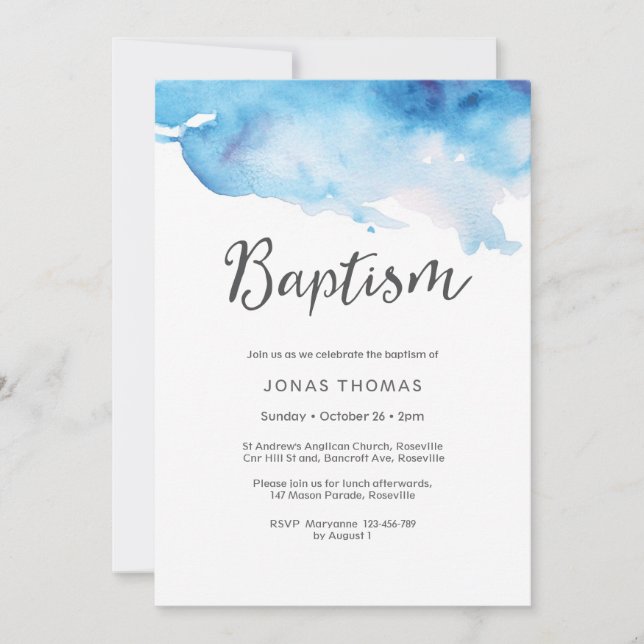 Baptism Invitation | blue watercolor splashes (Front)