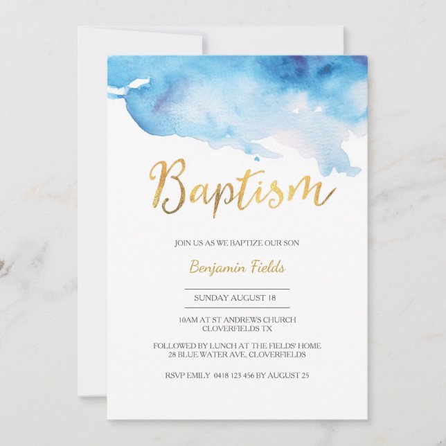 Baptism invitation | blue watercolour and gold (Front)