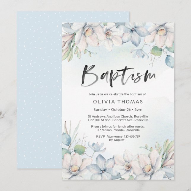 Baptism Invitation | blue winter florals (Front/Back)