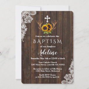 Baptism Invitation   Boho Sunflowers Antlers Lace